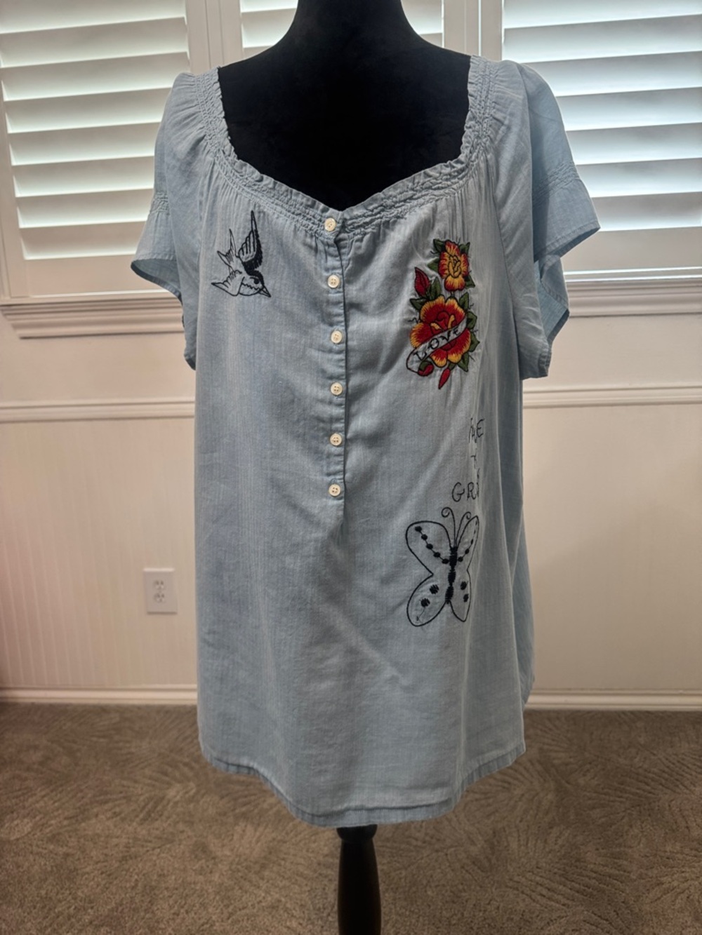 Light Blue Embroidered Button-Front Women's Top